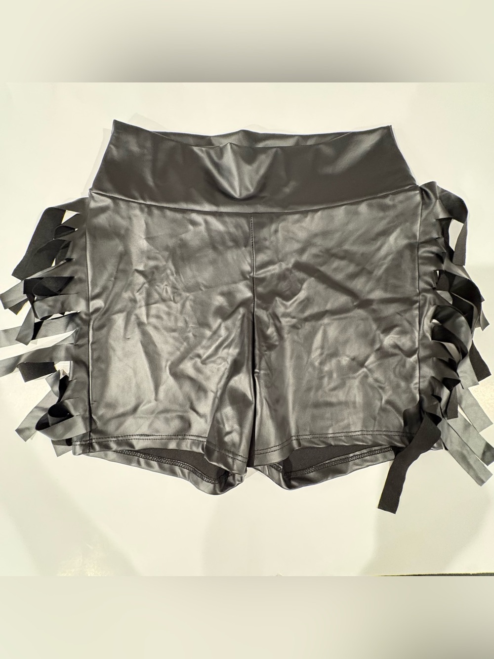 Black Faux Leather High-Waist Bike Shorts with Side Ribbon Detail